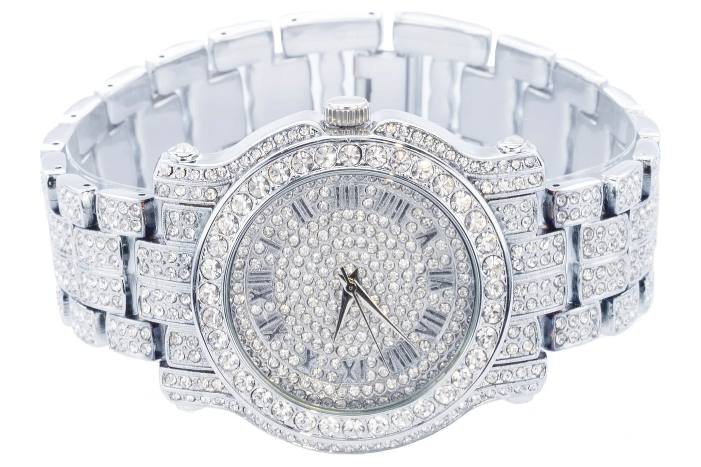 Men'S 45Mm Iced Diamond Pave Watch with Roman Dial - Simulated Diamonds - Bling-Ed Out Metal Band - Quartz Movement - 14K Gold Tone Finish