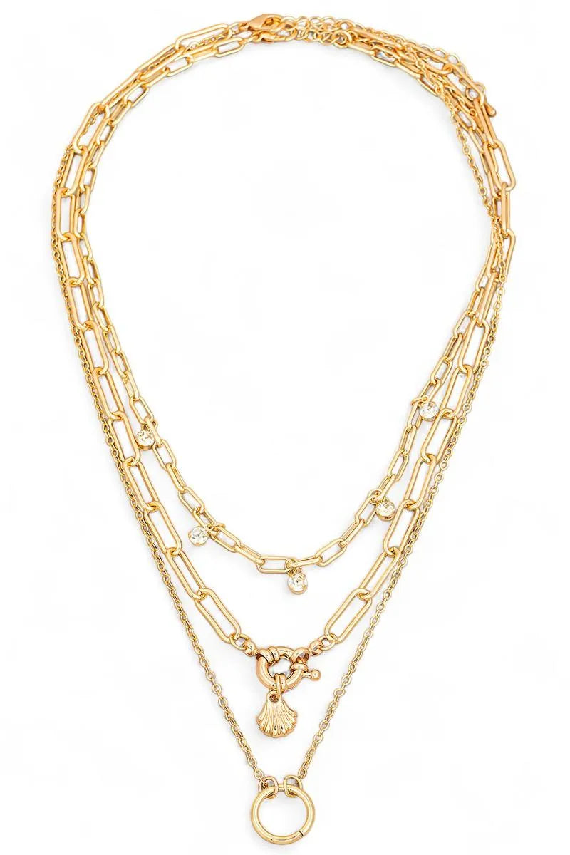 Double Chain Crystal Circle Charm Layered Necklace