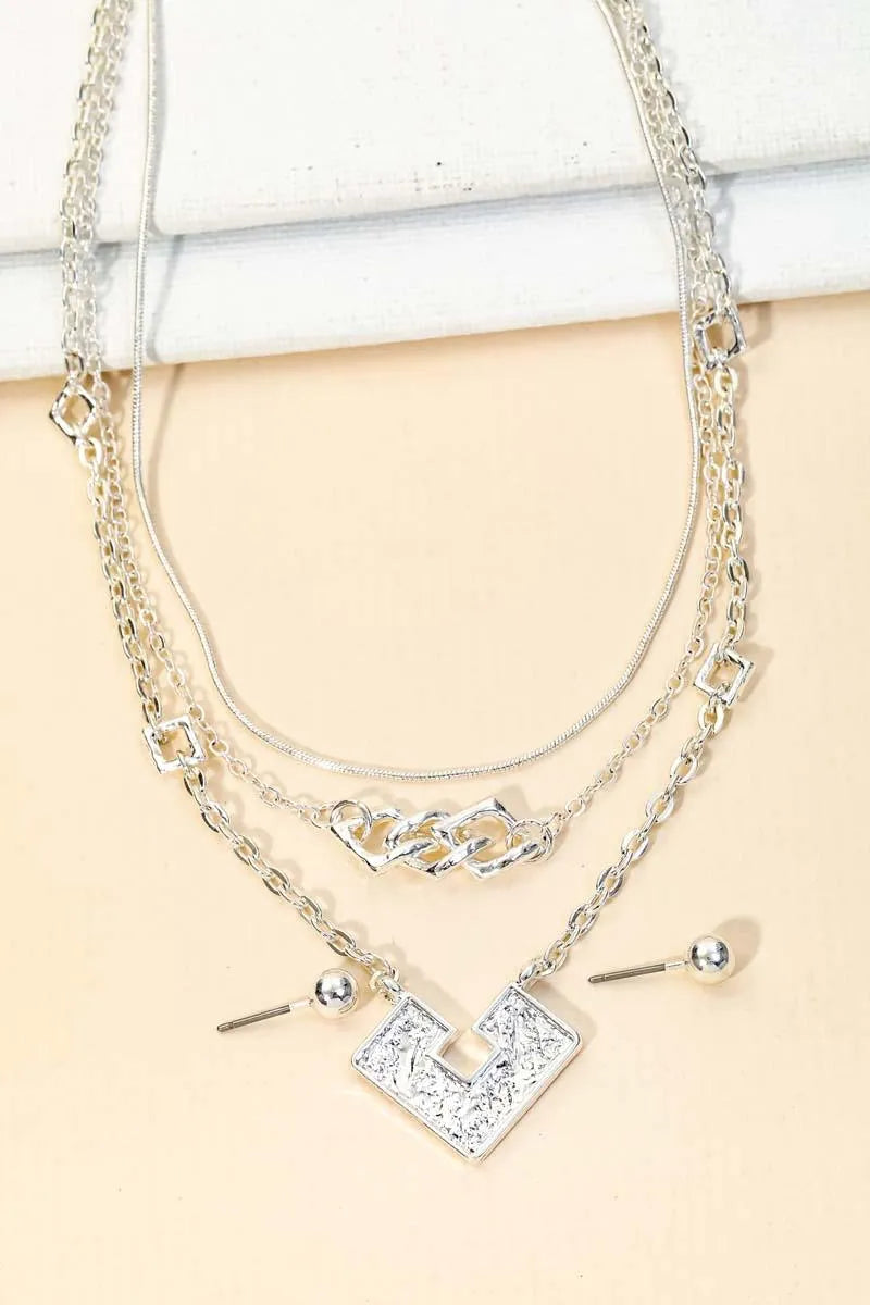 Square Shape Pendant Layered Chain Necklace & Ball Jewelry Sets