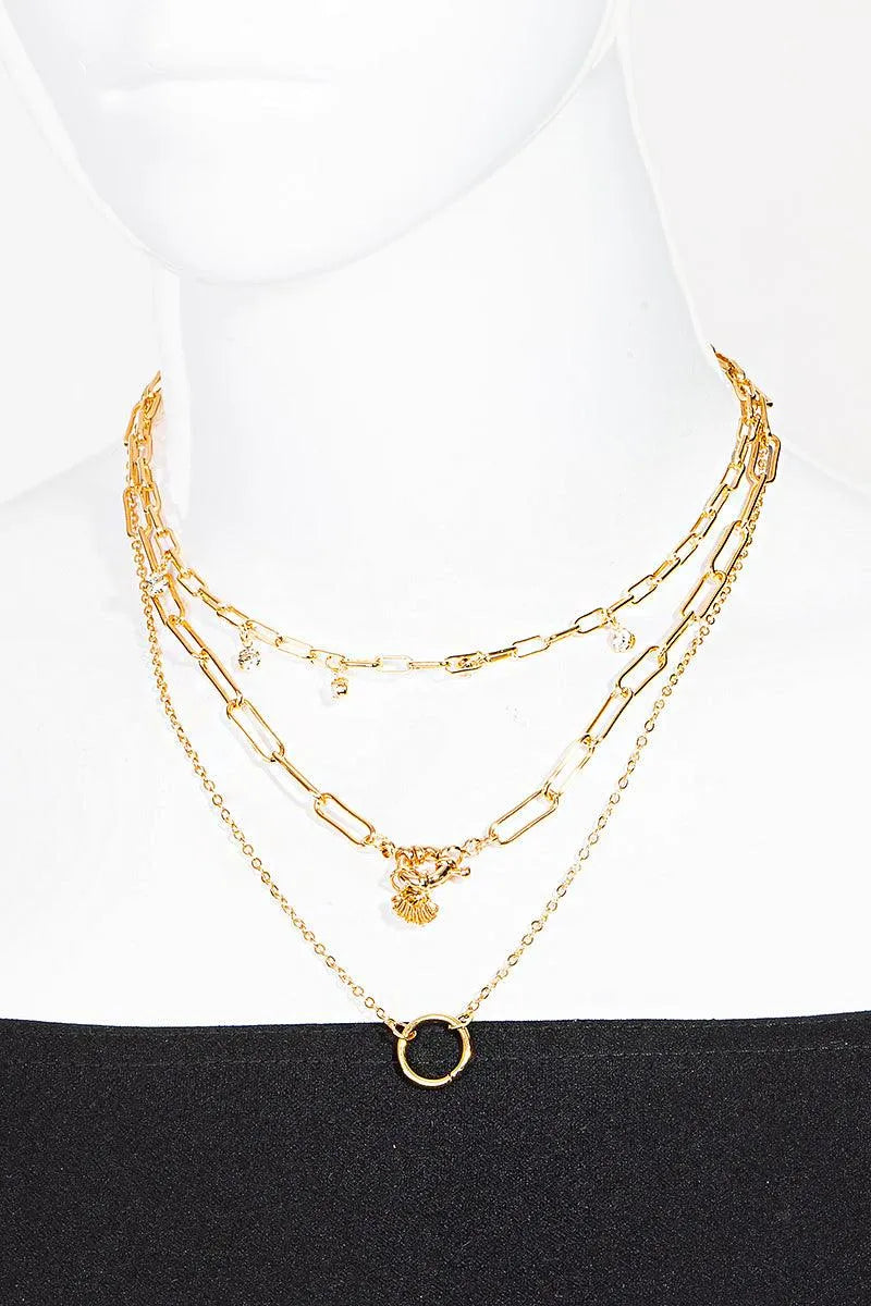 Double Chain Crystal Circle Charm Layered Necklace
