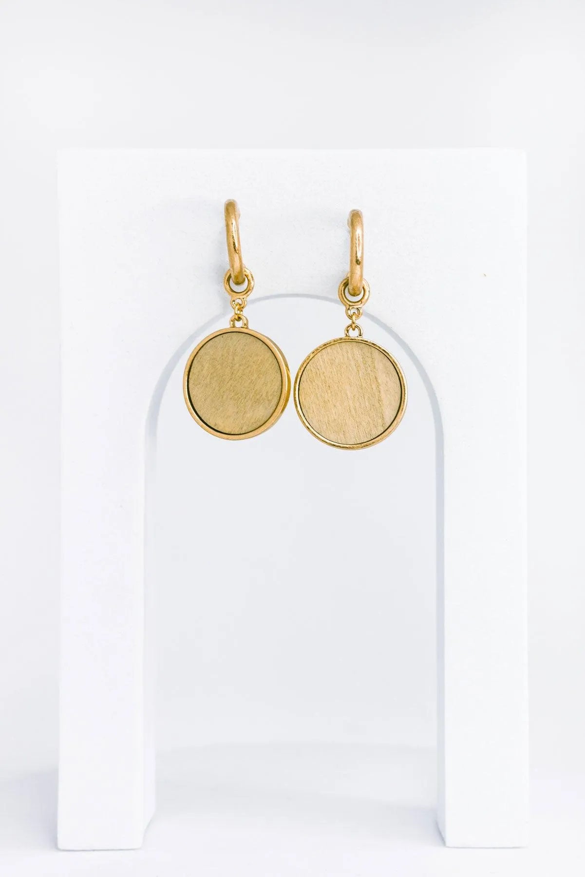 Solid Wooden Disc round Drop Plated Earrings