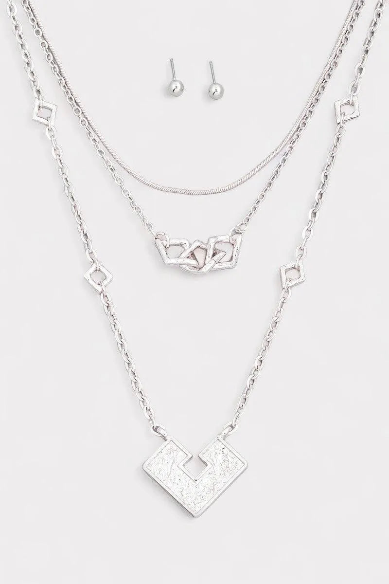 Square Shape Pendant Layered Chain Necklace & Ball Jewelry Sets