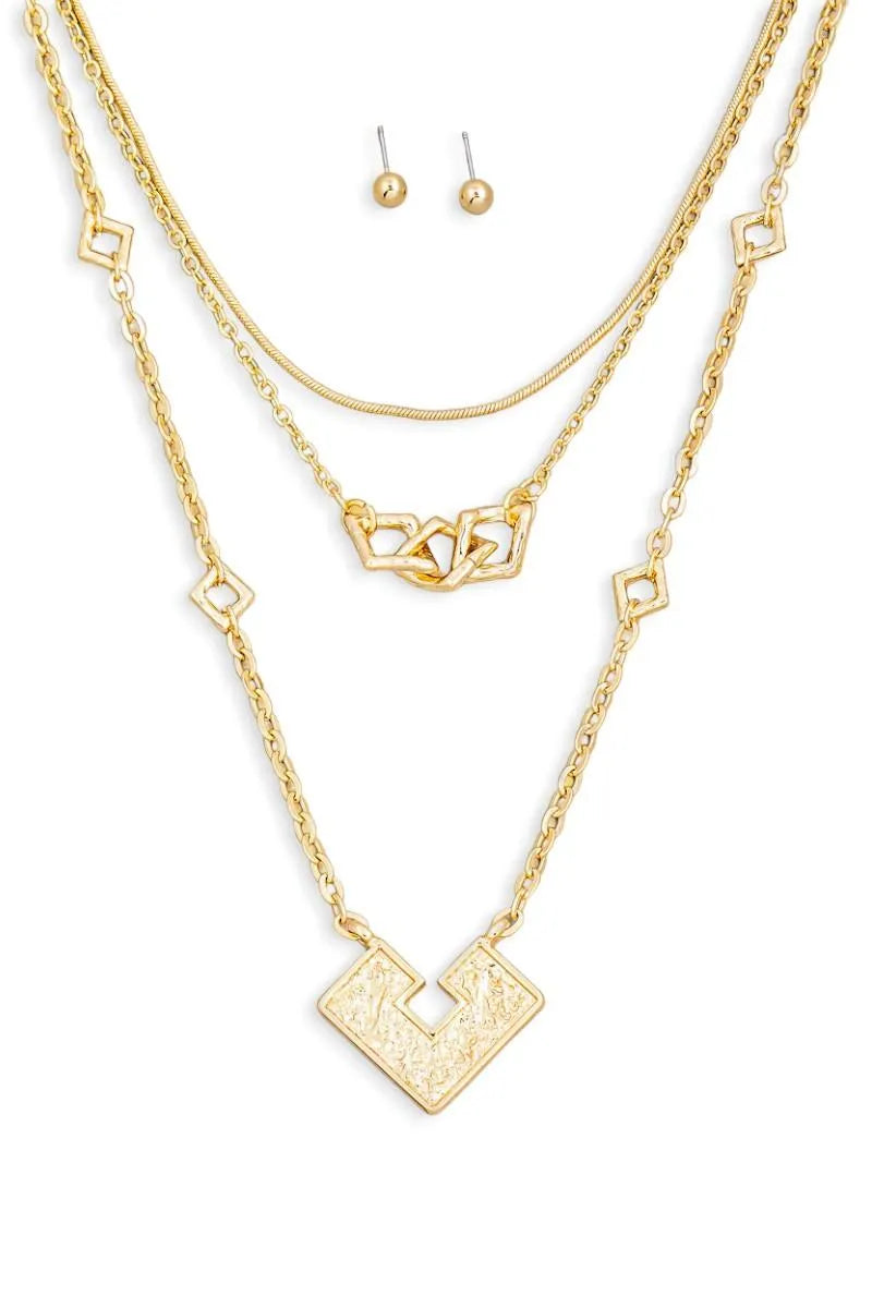 Square Shape Pendant Layered Chain Necklace & Ball Jewelry Sets