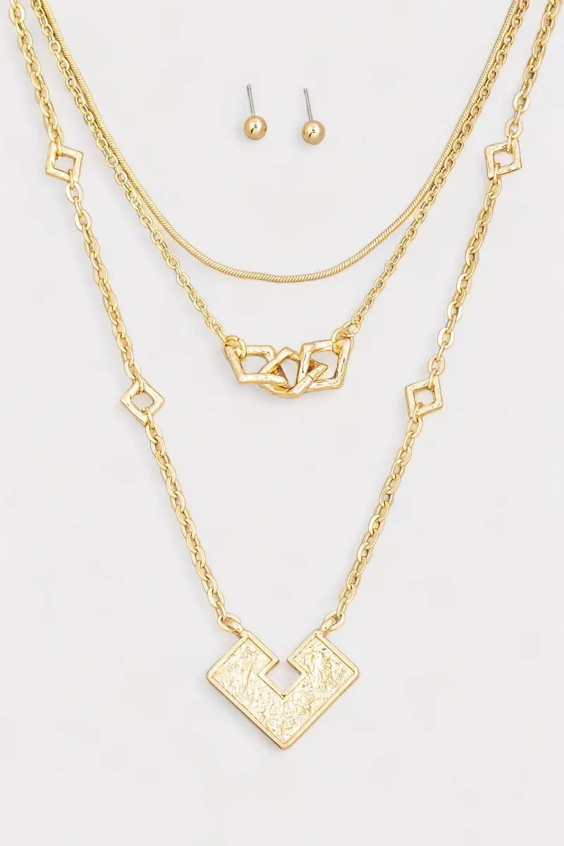 Square Shape Pendant Layered Chain Necklace & Ball Jewelry Sets