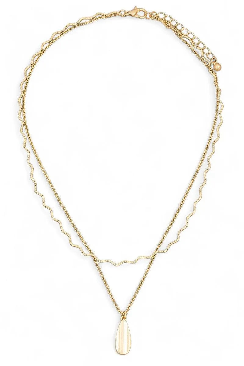 Two Layer Gold Flat Teardrop Pendant Wavy Necklace