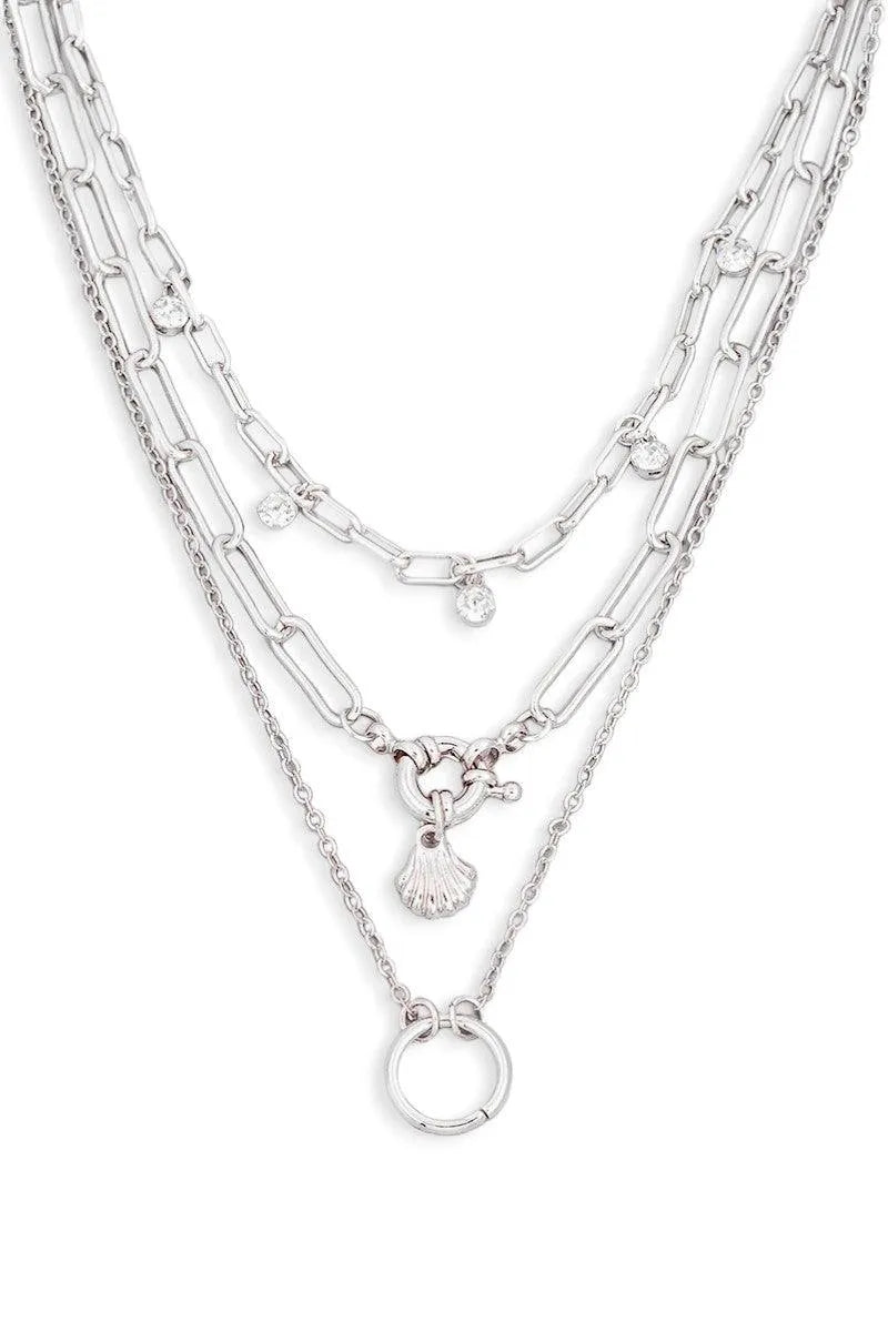 Double Chain Crystal Circle Charm Layered Necklace