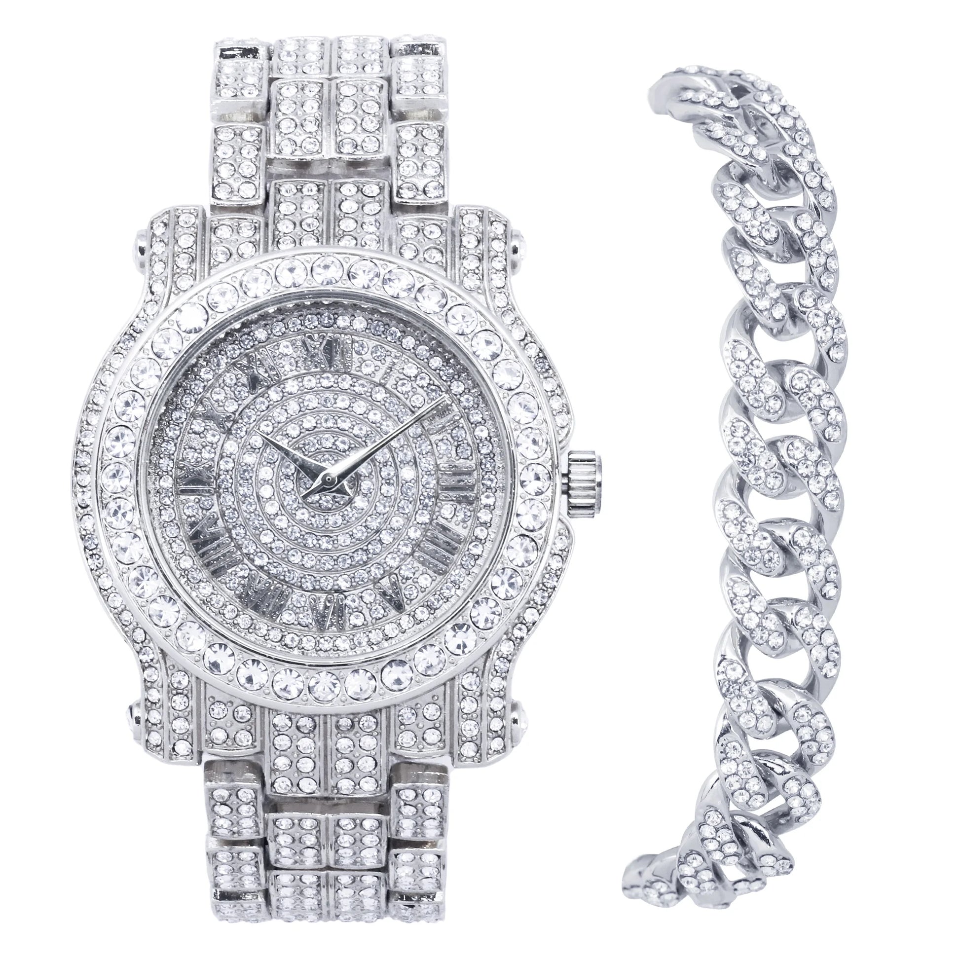 Men'S 45Mm Iced Diamond Pave Watch with Roman Dial - Simulated Diamonds - Bling-Ed Out Metal Band - Quartz Movement - 14K Gold Tone Finish