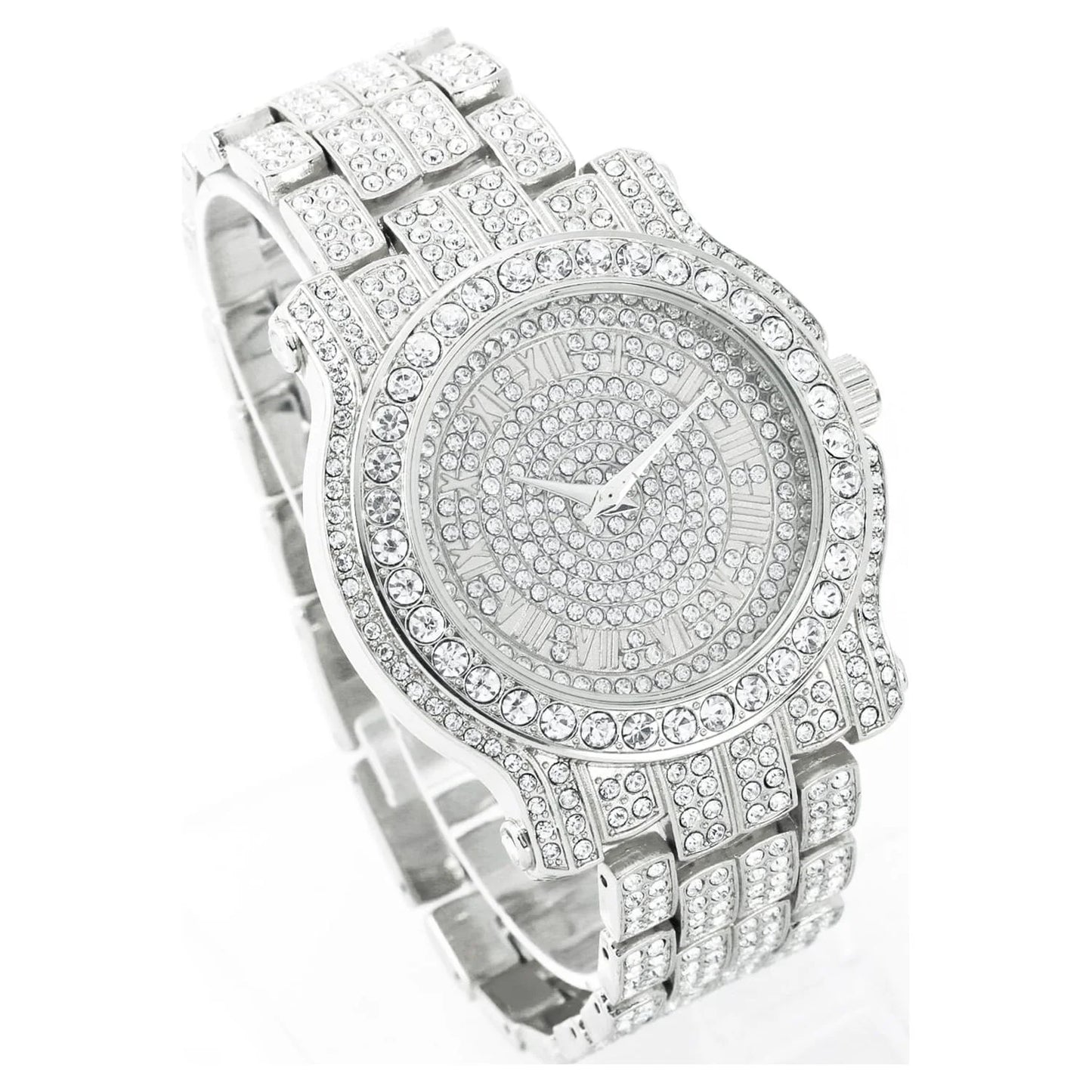 Men'S 45Mm Iced Diamond Pave Watch with Roman Dial - Simulated Diamonds - Bling-Ed Out Metal Band - Quartz Movement - 14K Gold Tone Finish