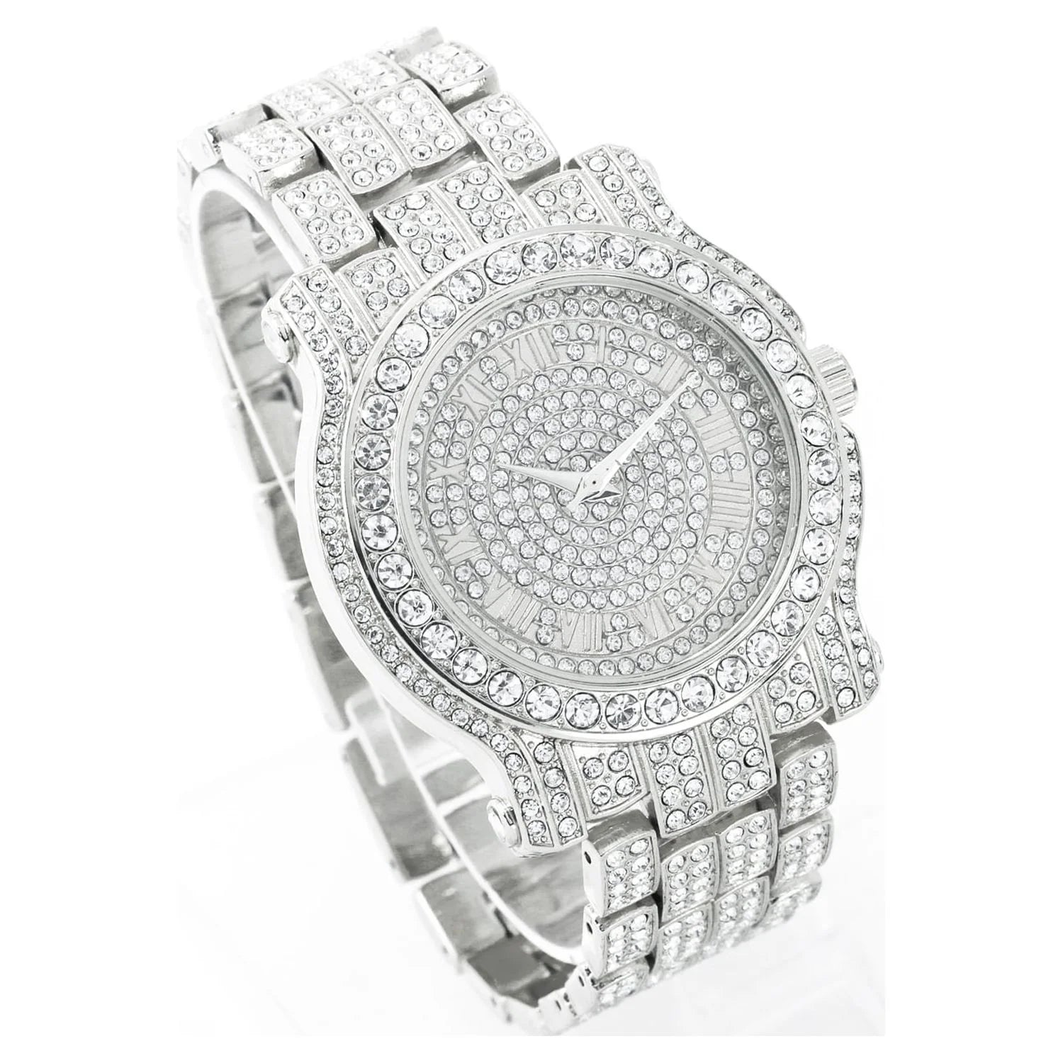 Men'S 45Mm Iced Diamond Pave Watch with Roman Dial - Simulated Diamonds - Bling-Ed Out Metal Band - Quartz Movement - 14K Gold Tone Finish