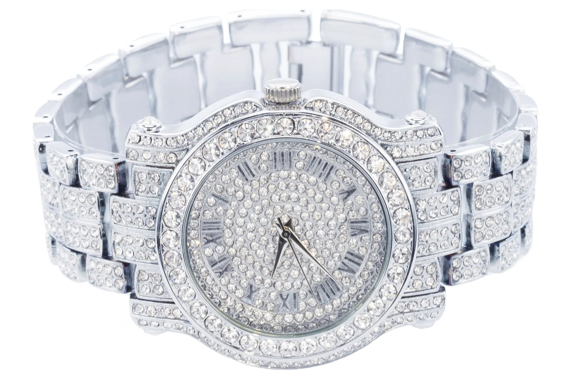 Men'S 45Mm Iced Diamond Pave Watch with Roman Dial - Simulated Diamonds - Bling-Ed Out Metal Band - Quartz Movement - 14K Gold Tone Finish