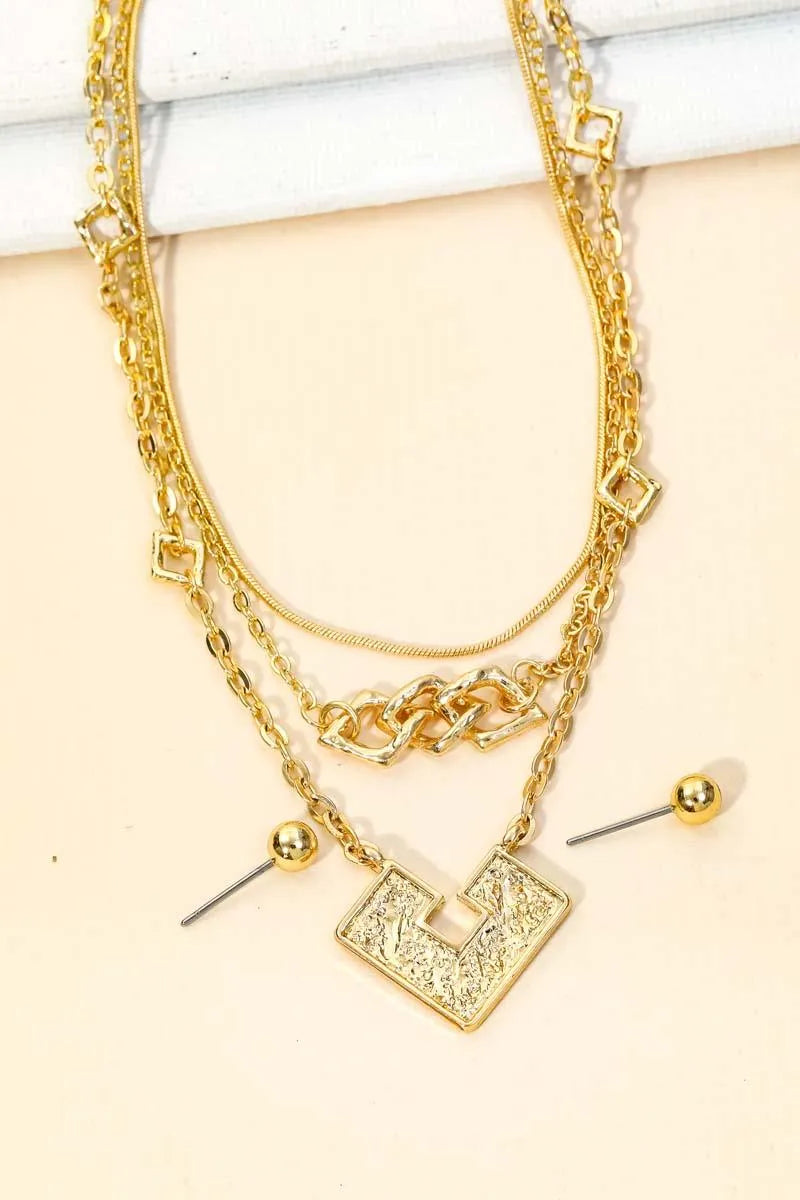 Square Shape Pendant Layered Chain Necklace & Ball Jewelry Sets