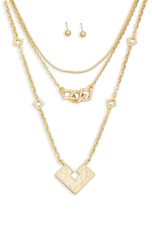 Square Shape Pendant Layered Chain Necklace & Ball Jewelry Sets