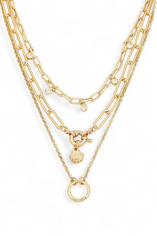 Double Chain Crystal Circle Charm Layered Necklace