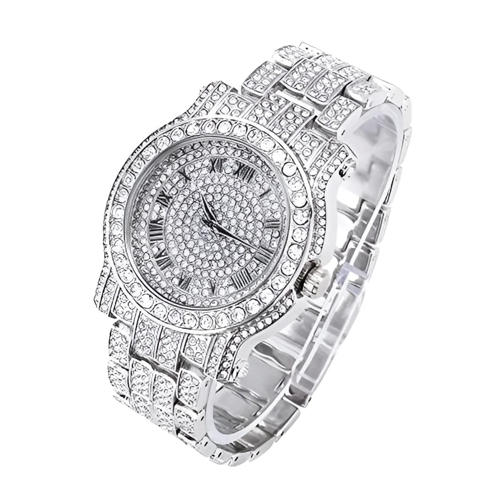 Men'S 45Mm Iced Diamond Pave Watch with Roman Dial - Simulated Diamonds - Bling-Ed Out Metal Band - Quartz Movement - 14K Gold Tone Finish