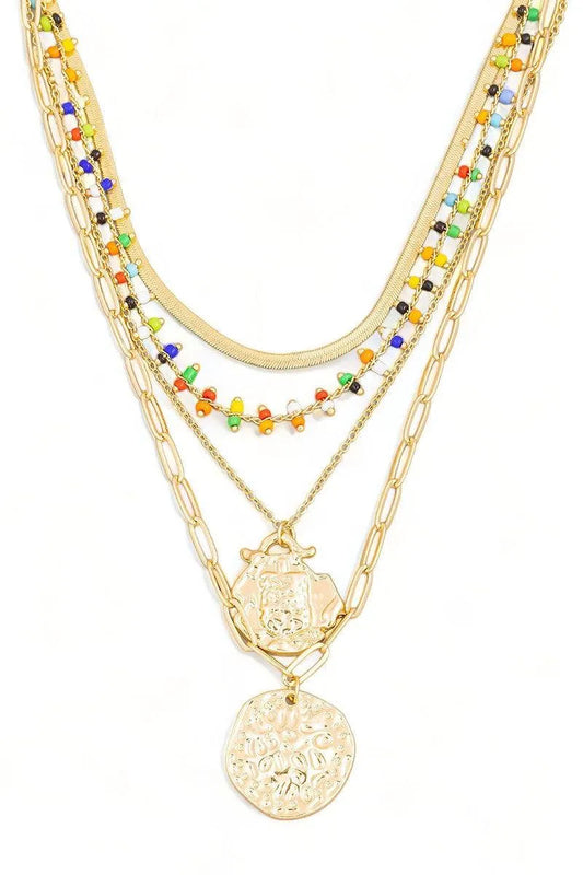 Seed Beads Hammered Coin Charm Layered Chain Necklace