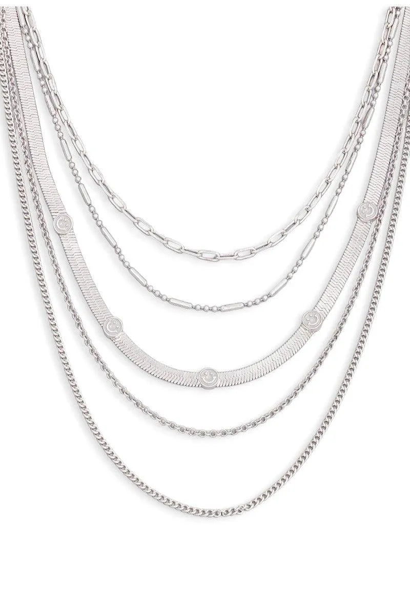 Multi Chain Layered Smiley Pendant Necklace