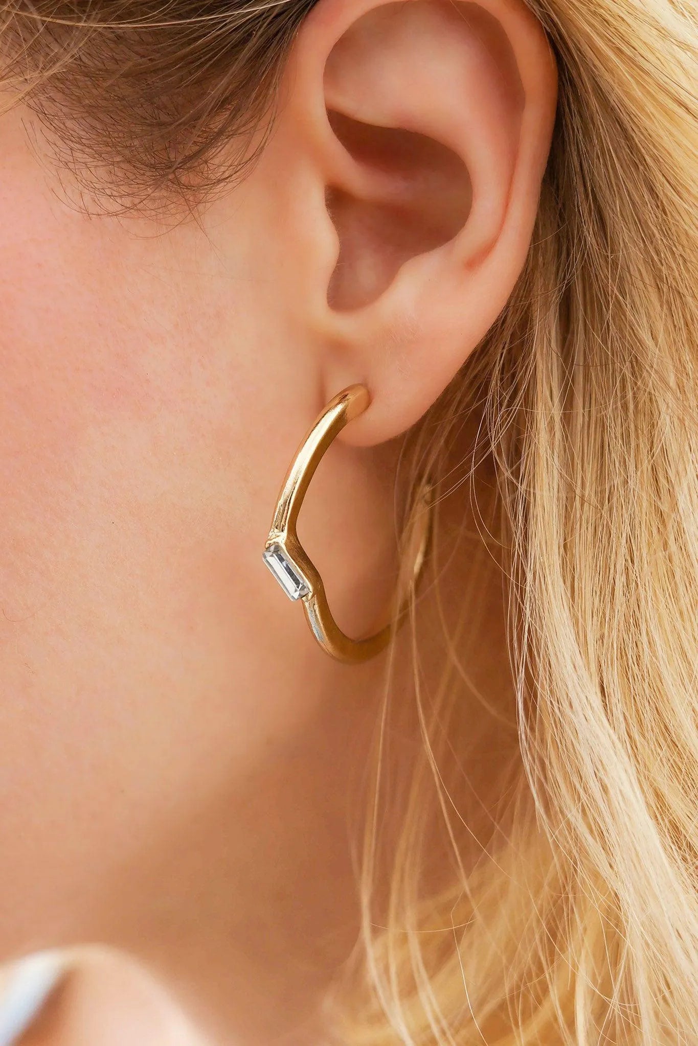 Baguette Rhinestone round Open Hoop Gold Earrings